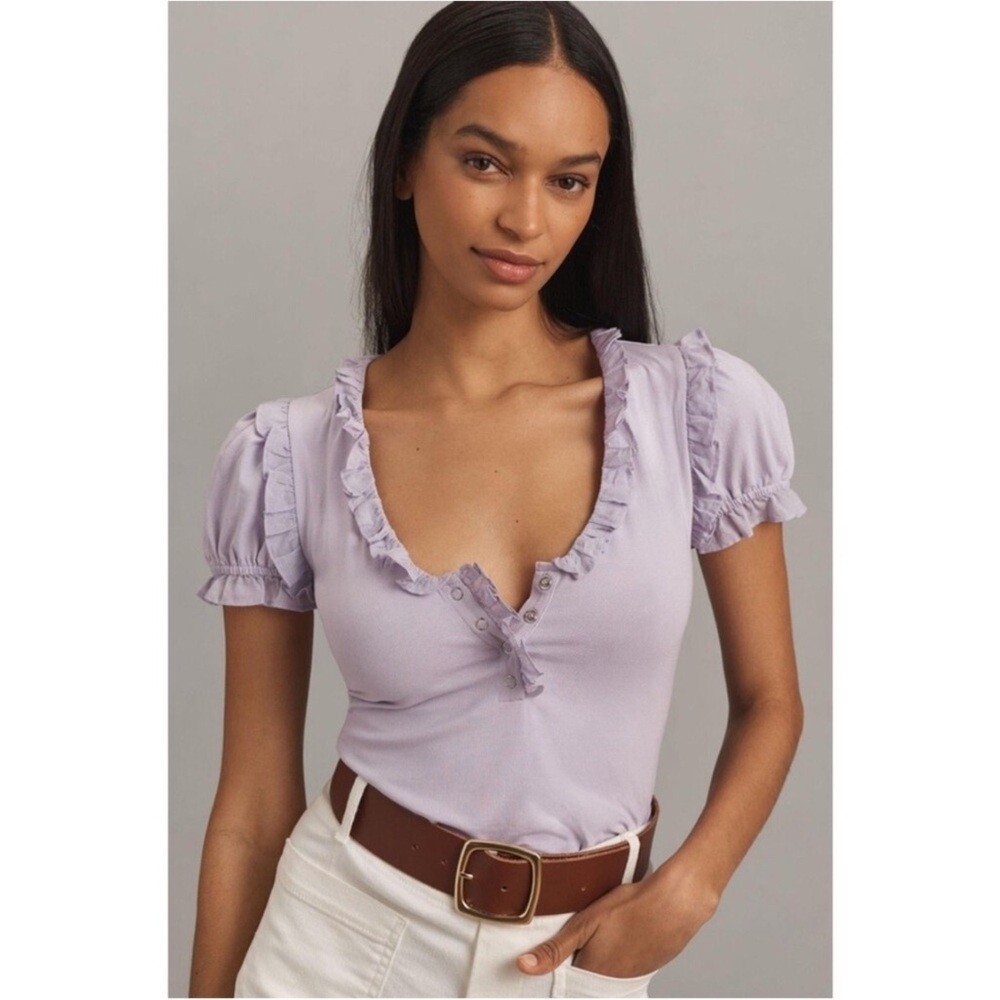 Anthropologie Mauve Lilac Ruffle Accent Blouse Size Large - Picture 1 of 10